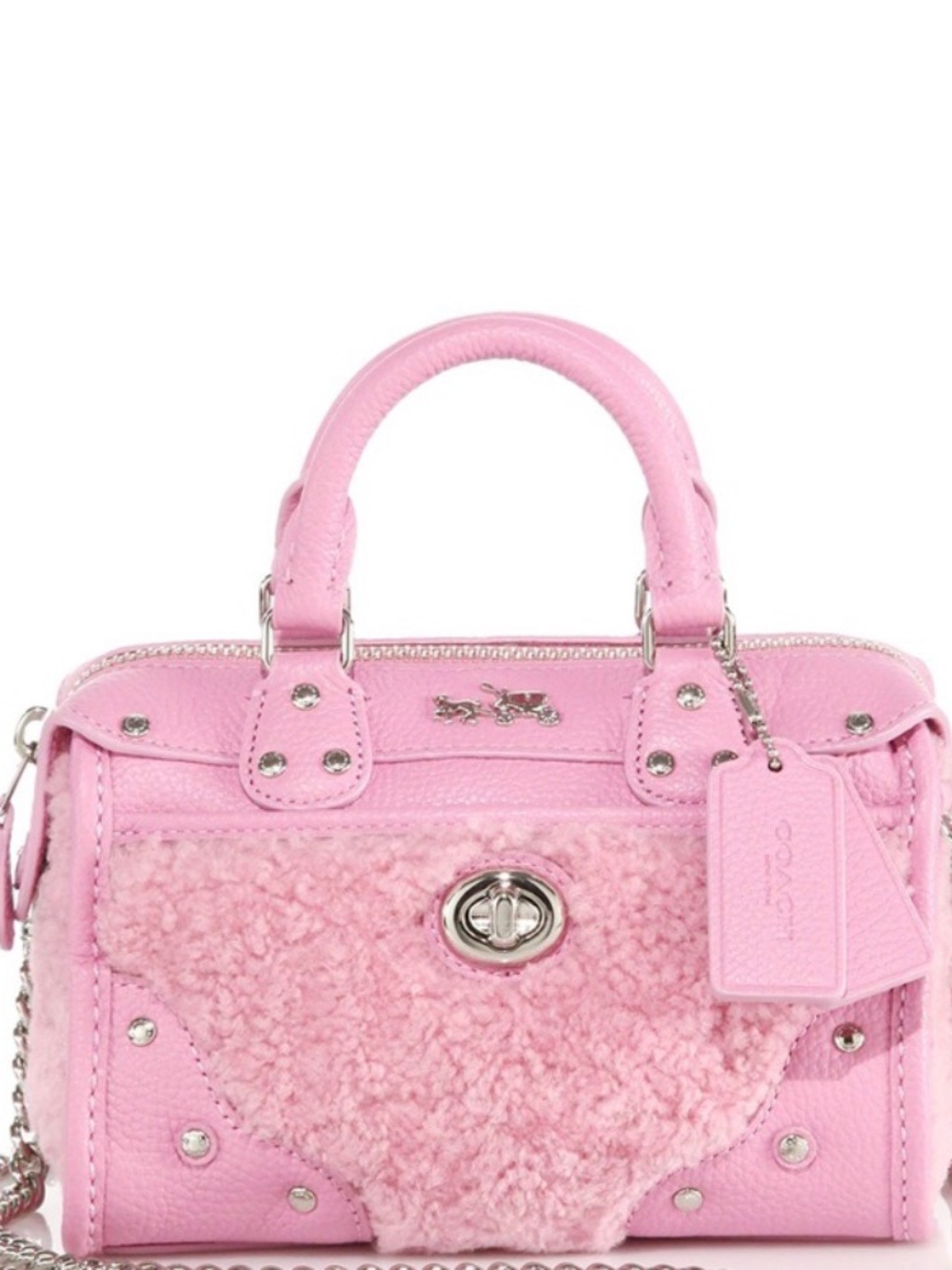 Coach Pink Mini Shearling Accent Satchel with Chain Strap